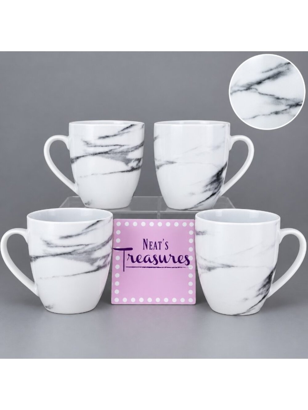 H2K Home To Kitchen MARBLE Design White Gray 14oz Porcelain Cup Mugs Set of 4